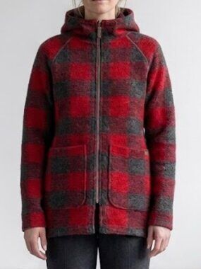 Woolrich Wool Hooded Mid Weight Red Plaid Duffle Coat Jacket Women's S